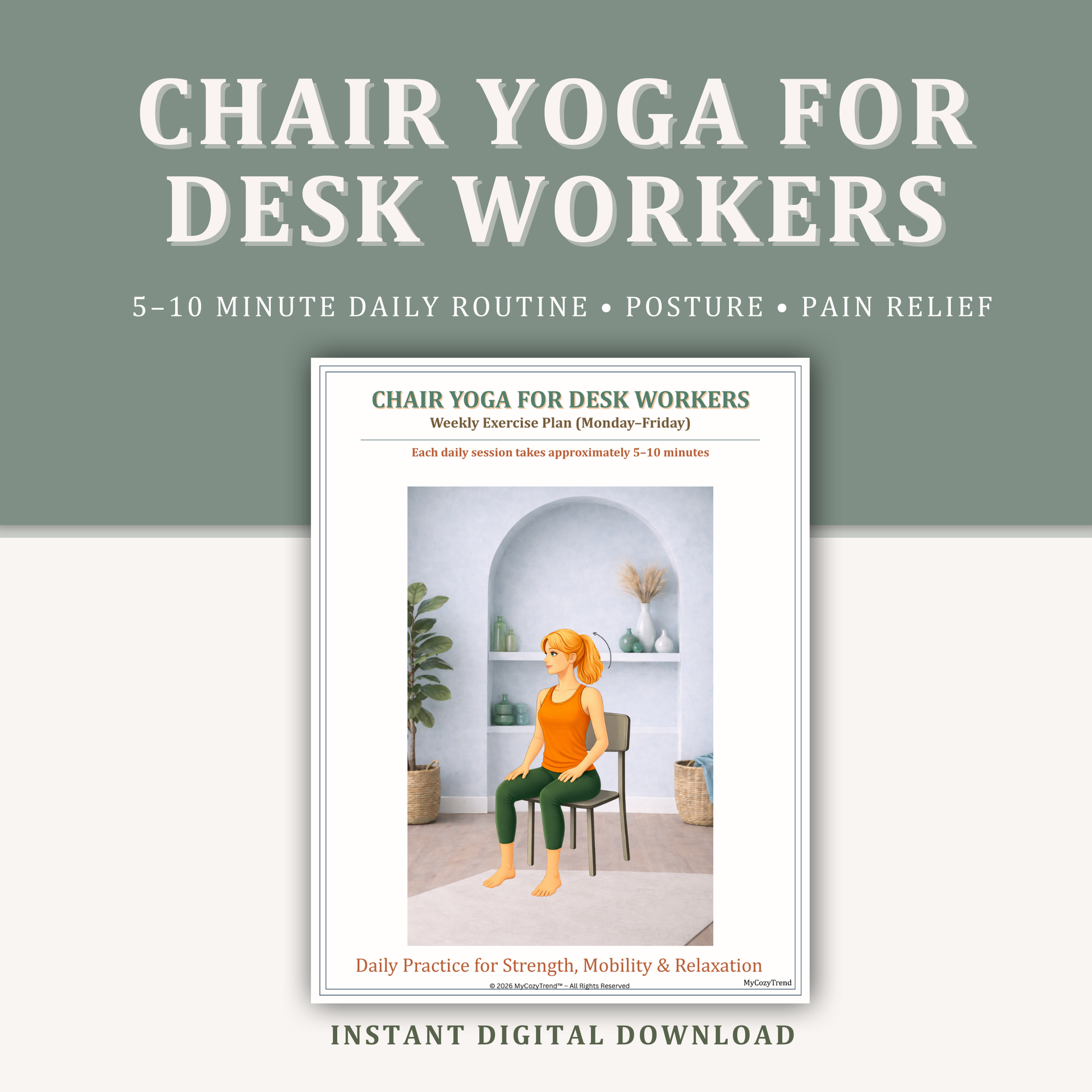 Chair yoga for desk workers printable program with seated posture exercise, 5–10 minute daily routine for posture, stress relief, and comfort at work