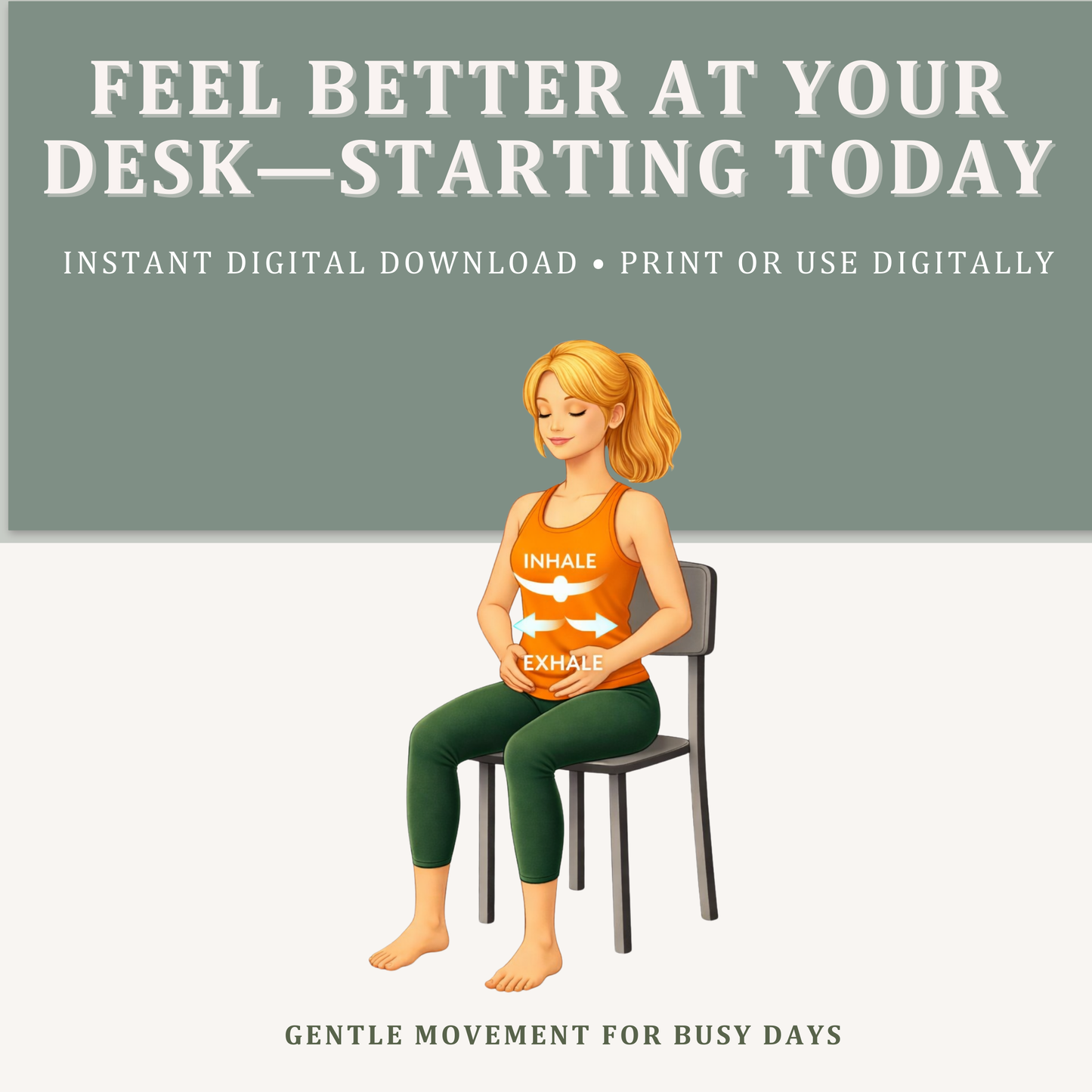 Chair yoga for desk workers instant digital download, printable and digital wellness routine for comfort and movement at work