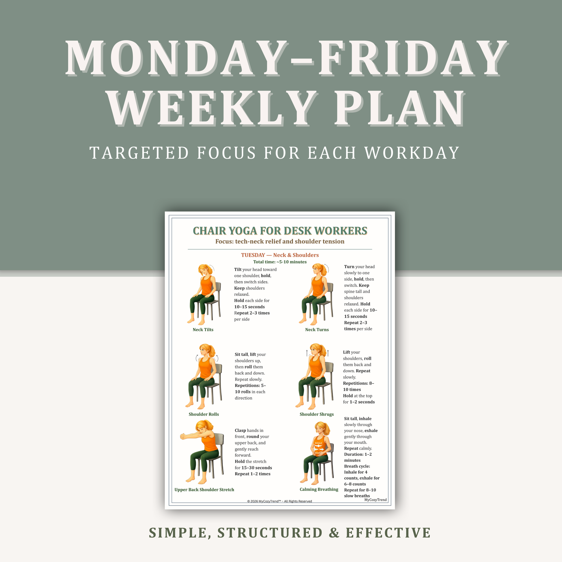 Monday to Friday chair yoga plan for desk workers showing a structured weekly routine focused on posture, mobility, and stress relief