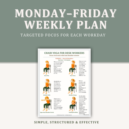 Monday to Friday chair yoga plan for desk workers showing a structured weekly routine focused on posture, mobility, and stress relief