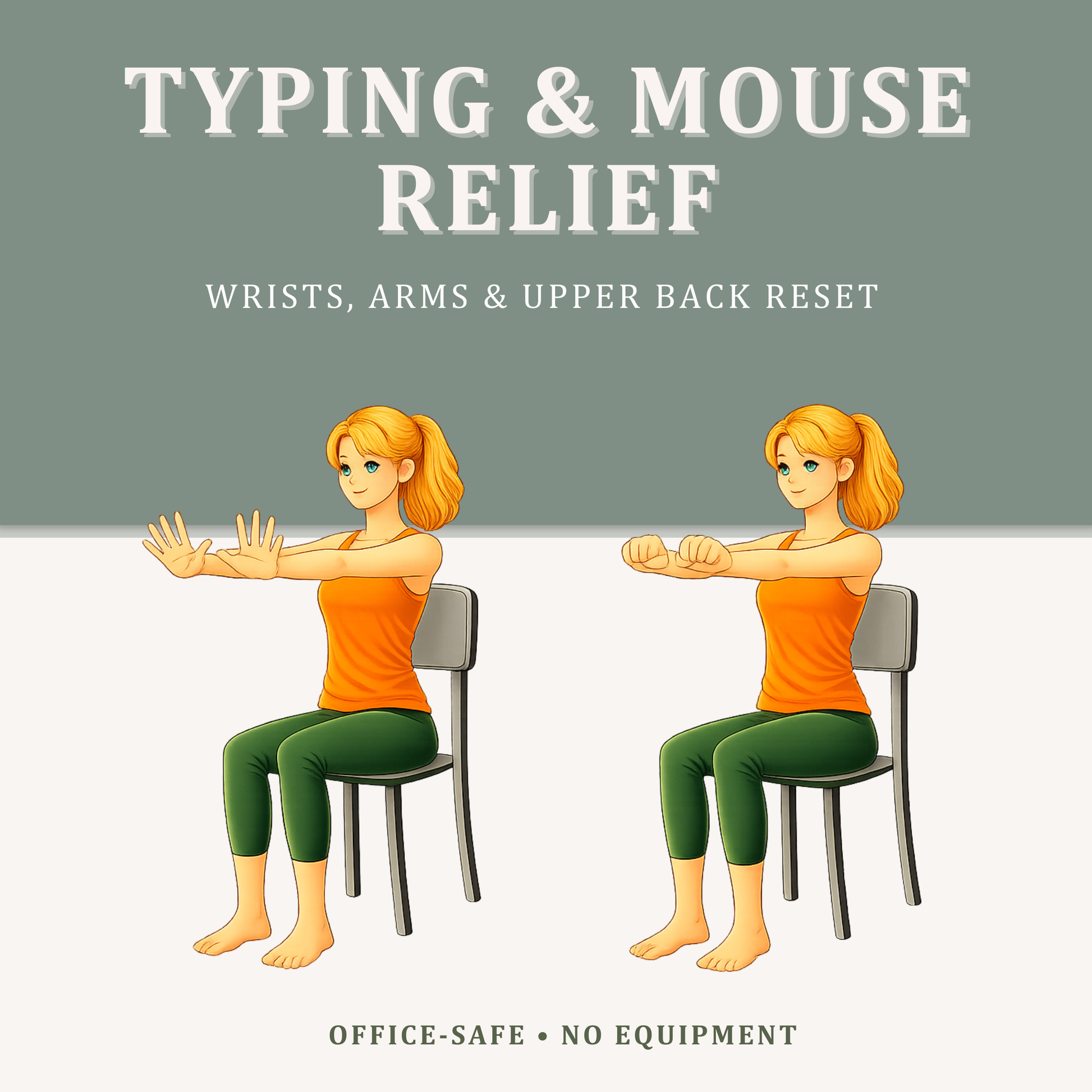 Chair yoga wrist and arm stretches for desk workers to reduce typing and mouse strain and support upper body comfort