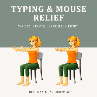 Chair yoga wrist and arm stretches for desk workers to reduce typing and mouse strain and support upper body comfort