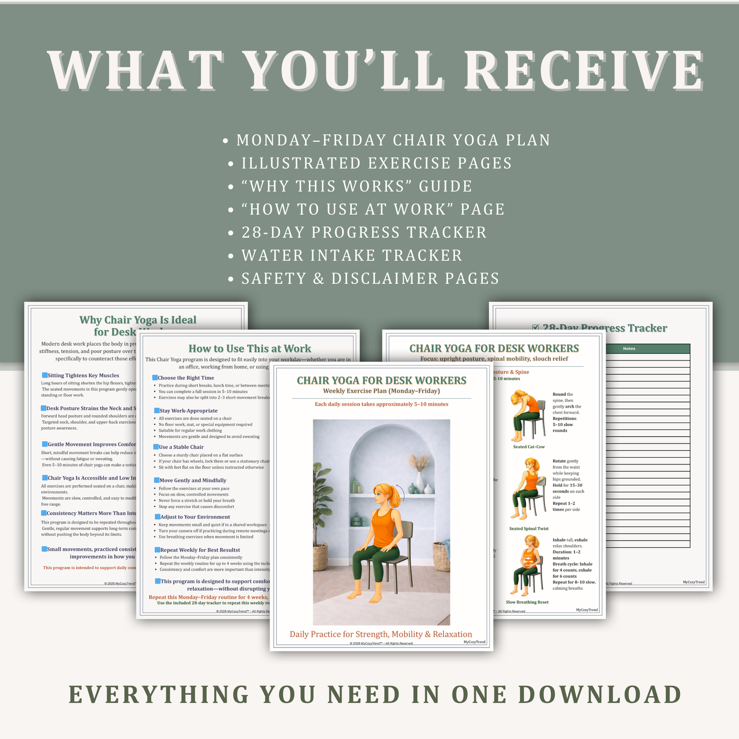 Chair yoga for desk workers digital download including illustrated exercises, weekly plan, progress tracker, and wellness guides
