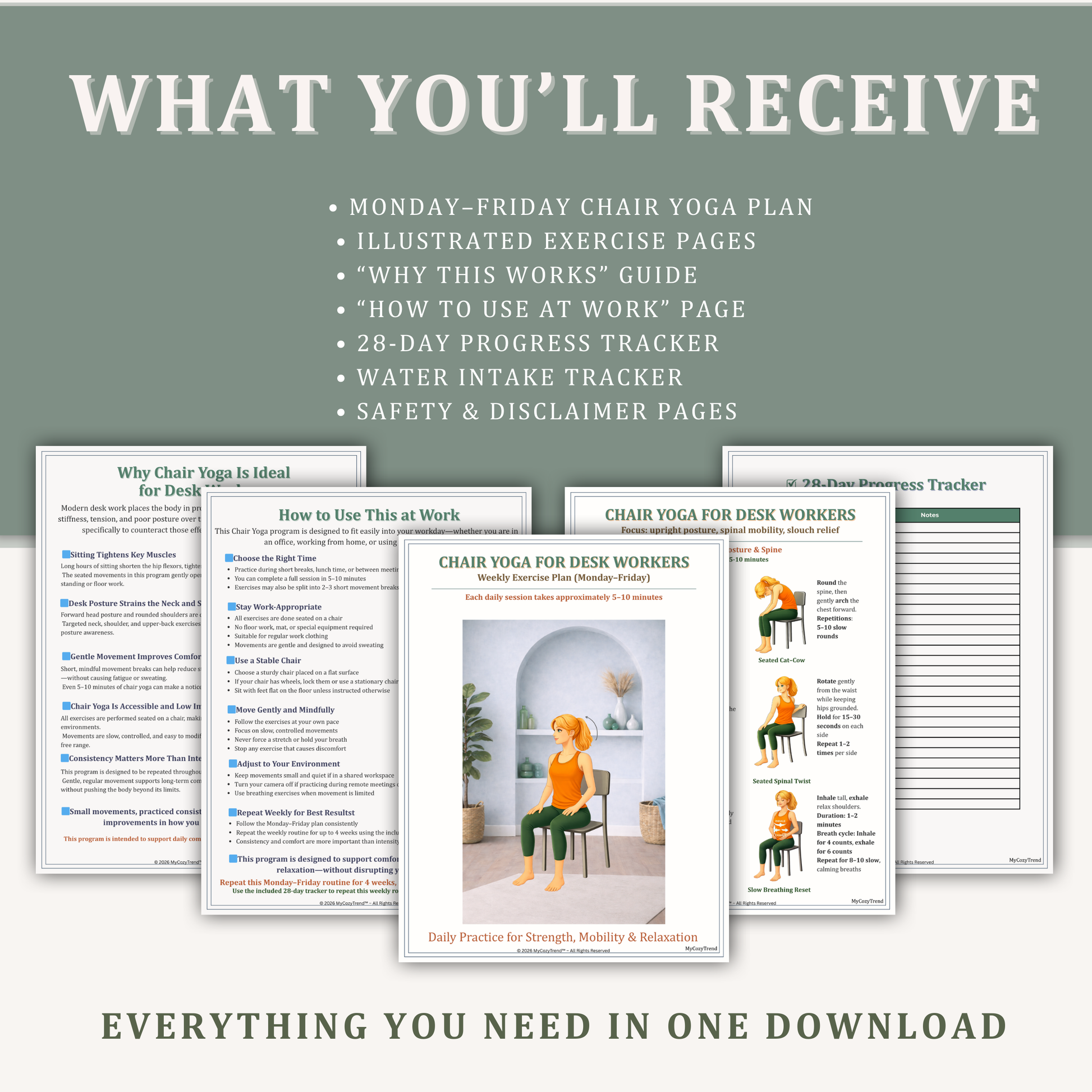Chair yoga for desk workers digital download including illustrated exercises, weekly plan, progress tracker, and wellness guides