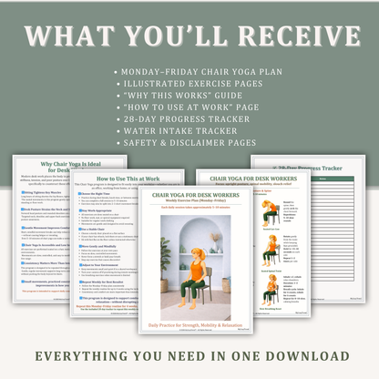 Chair yoga for desk workers digital download including illustrated exercises, weekly plan, progress tracker, and wellness guides