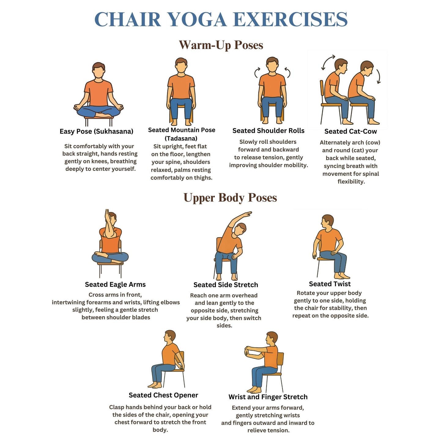 Chair Exercises Printable Bundle – 30 Illustrated Seated Yoga Poses | senior-friendly seated yoga chart with descriptions, mobility routine printable PDF