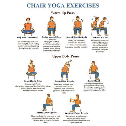 Chair Exercises Printable Bundle – 30 Illustrated Seated Yoga Poses | senior-friendly seated yoga chart with descriptions, mobility routine printable PDF