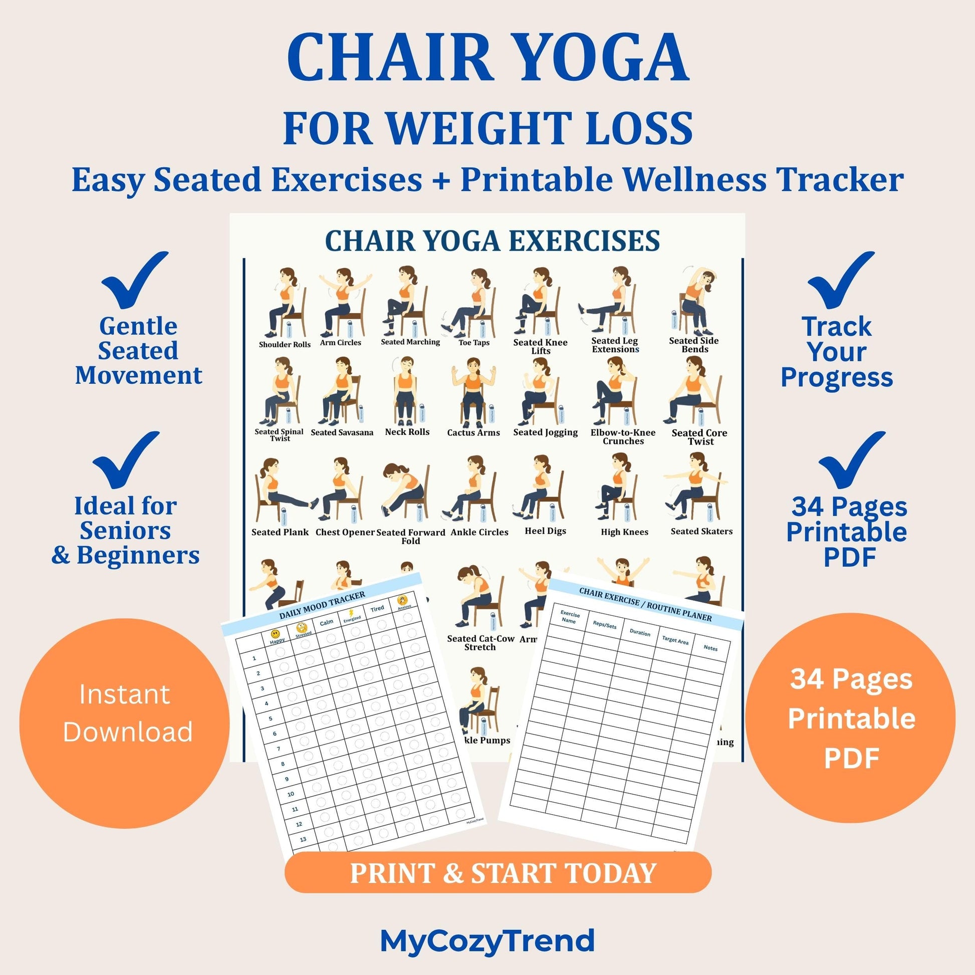 Chair Yoga for Weight Loss – 28-Day Seated Exercise Plan | senior-friendly gentle weight loss routine with printable trackers PDF