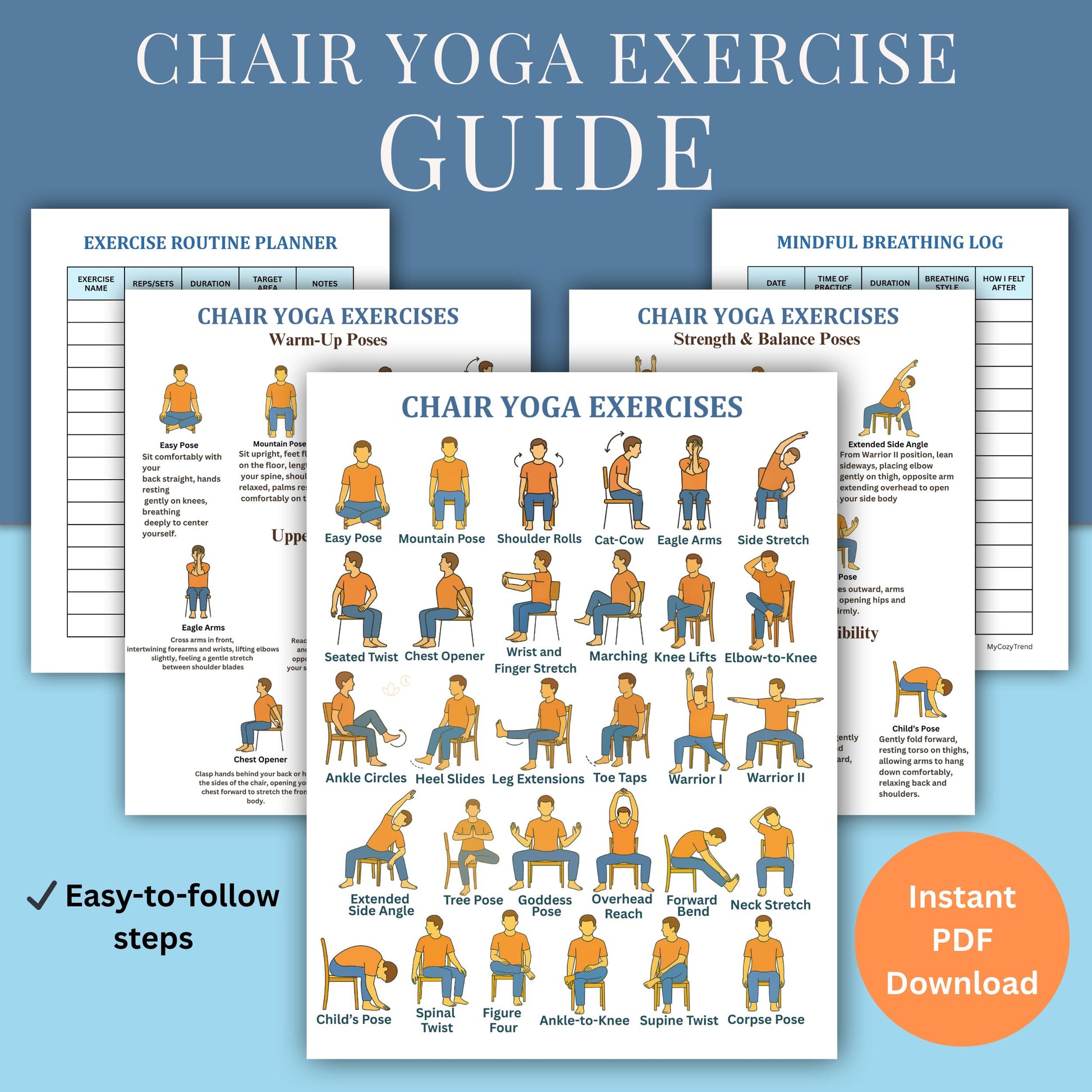 Chair Exercises Printable Bundle – 30 Illustrated Seated Yoga Poses | senior-friendly seated yoga chart with descriptions, mobility routine printable PDF
