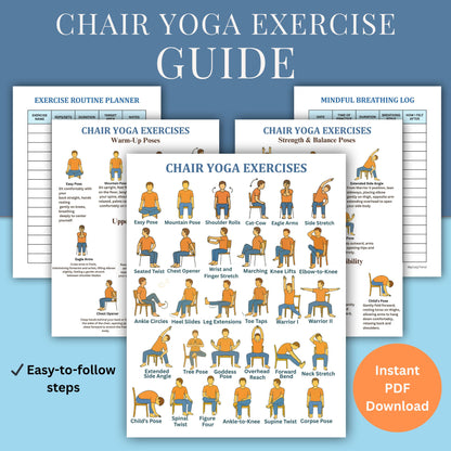 Chair Exercises Printable Bundle – 30 Illustrated Seated Yoga Poses | senior-friendly seated yoga chart with descriptions, mobility routine printable PDF