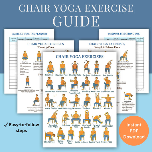 Chair Exercises Printable Bundle – 30 Illustrated Seated Yoga Poses | senior-friendly seated yoga chart with descriptions, mobility routine printable PDF