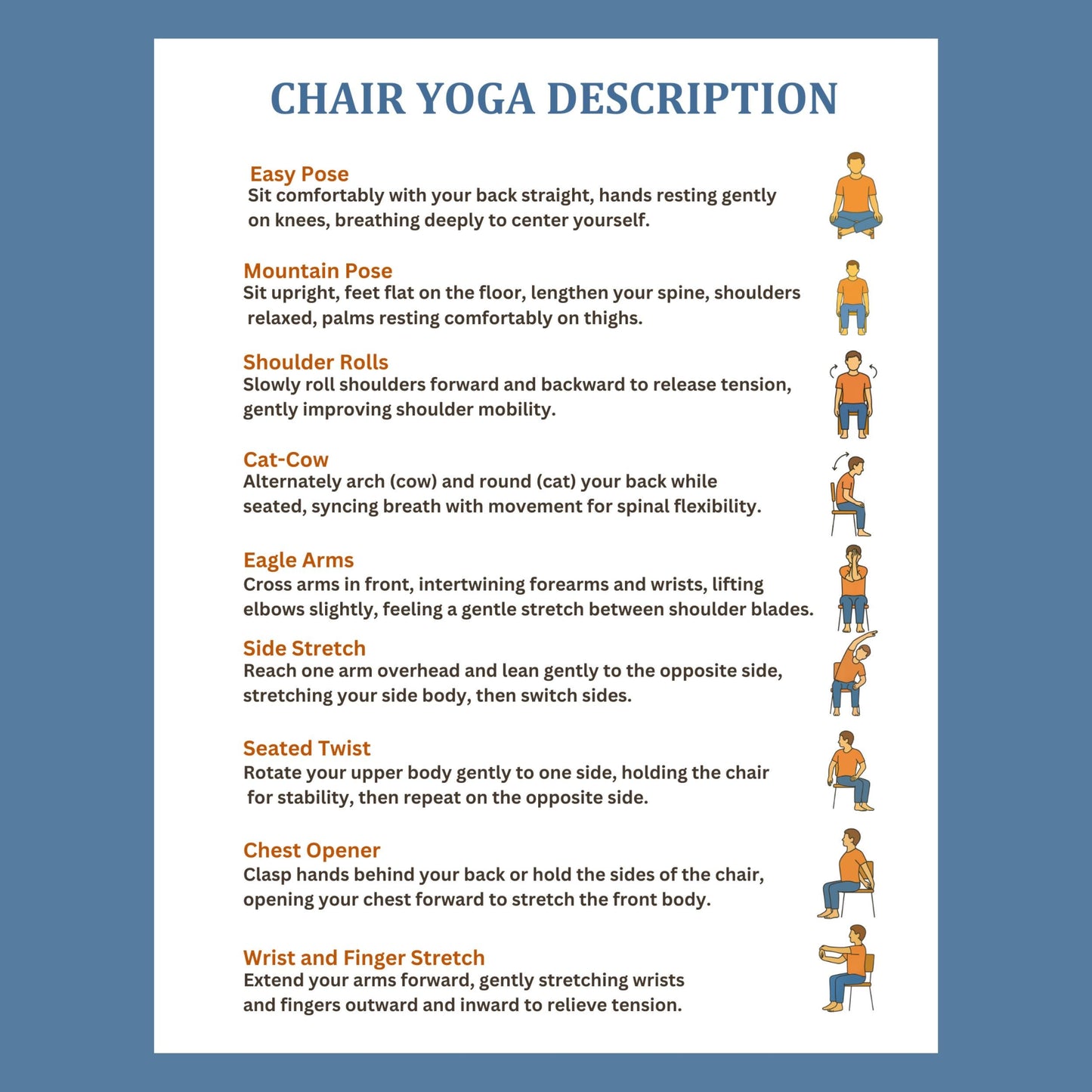 Chair Exercises Printable Bundle – 30 Illustrated Seated Yoga Poses | senior-friendly seated yoga chart with descriptions, mobility routine printable PDF