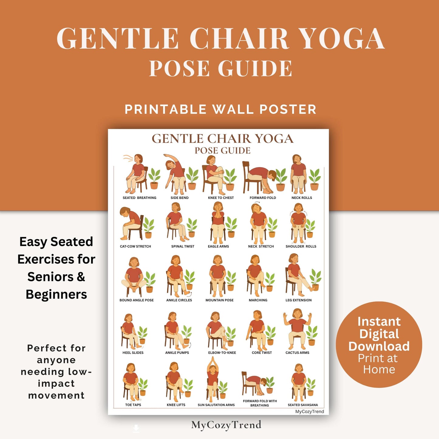 Gentle Chair Yoga Pose Guide – Printable Wall Poster | senior seated yoga chart for balance, mobility, and flexibility PDF