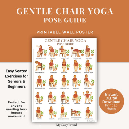 Gentle Chair Yoga Pose Guide – Printable Wall Poster | senior seated yoga chart for balance, mobility, and flexibility PDF