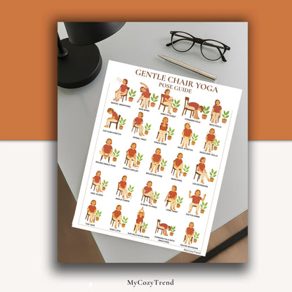 Gentle Chair Yoga Pose Guide – Printable Wall Poster | senior seated yoga chart for balance, mobility, and flexibility PDF