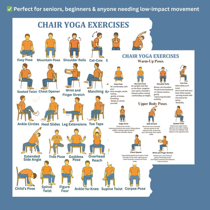 Chair Exercises Printable Bundle – 30 Illustrated Seated Yoga Poses | senior-friendly seated yoga chart with descriptions, mobility routine printable PDF