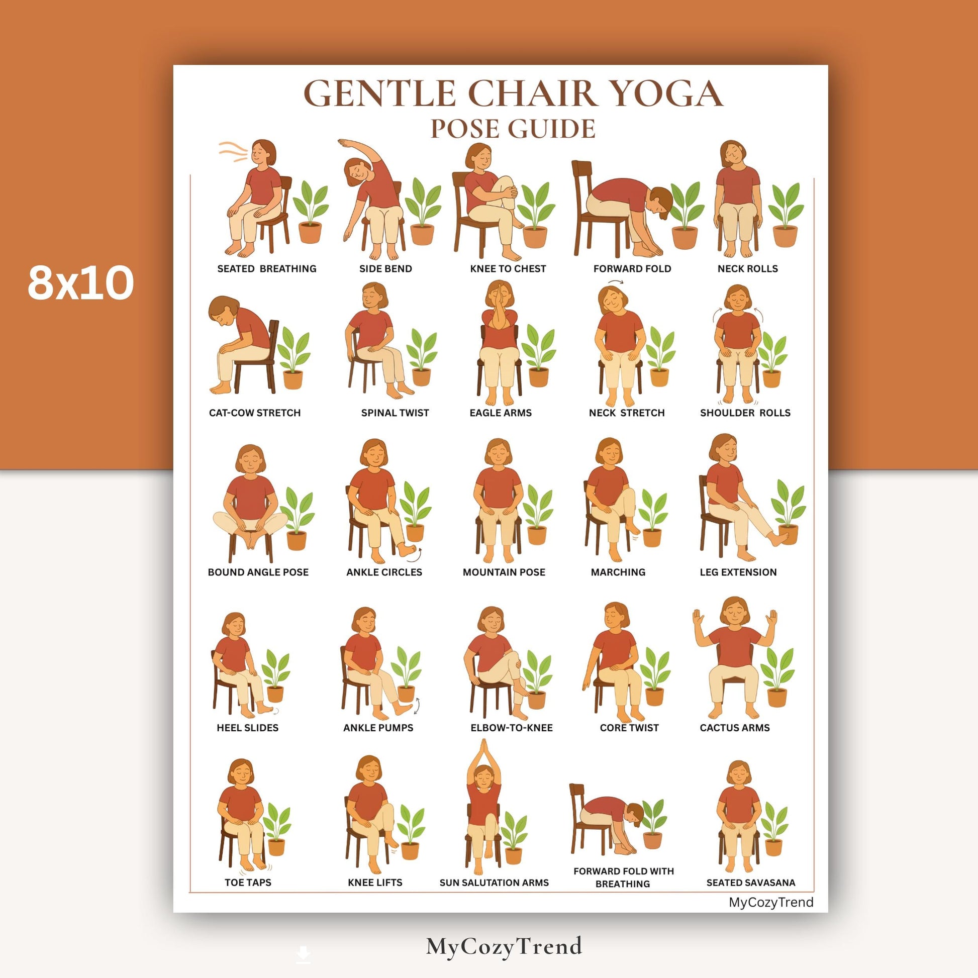 Gentle Chair Yoga Pose Guide – Printable Wall Poster | senior seated yoga chart for balance, mobility, and flexibility PDF