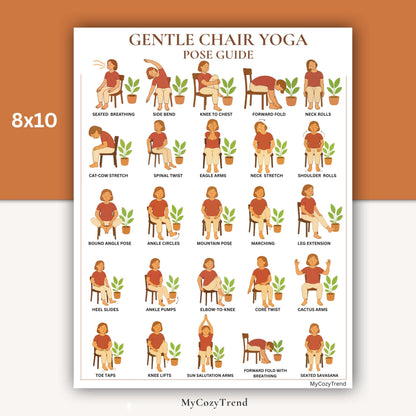 Gentle Chair Yoga Pose Guide – Printable Wall Poster | senior seated yoga chart for balance, mobility, and flexibility PDF