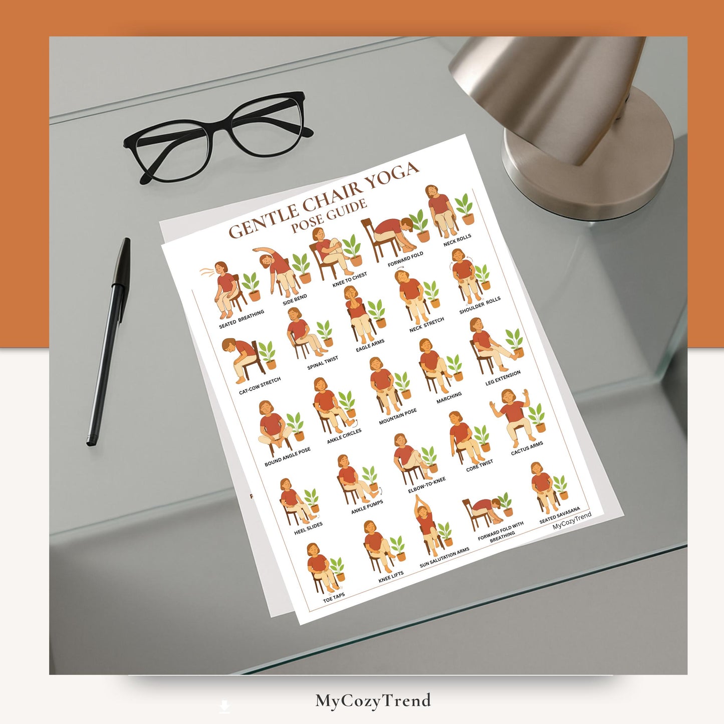 Gentle Chair Yoga Pose Guide – Printable Wall Poster | senior seated yoga chart for balance, mobility, and flexibility PDF