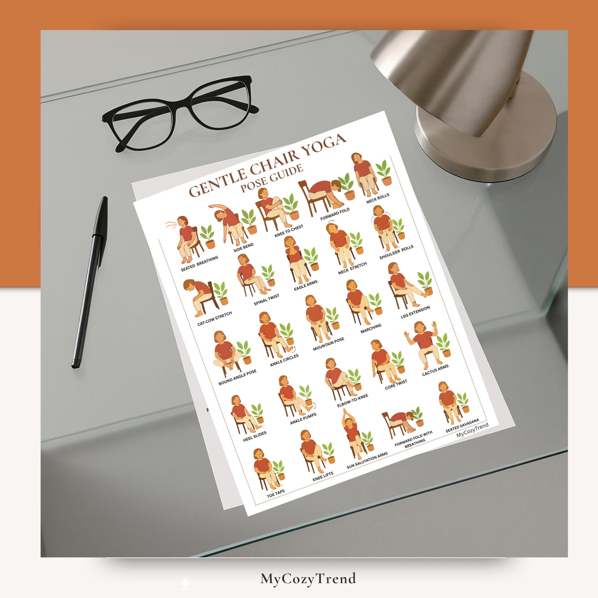 Gentle Chair Yoga Pose Guide – Printable Wall Poster | senior seated yoga chart for balance, mobility, and flexibility PDF