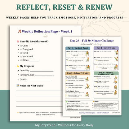 30-Day Advanced Chair Yoga Program + Wellness Trackers | printable advanced seated yoga routine for flexibility, balance and mobility PDF