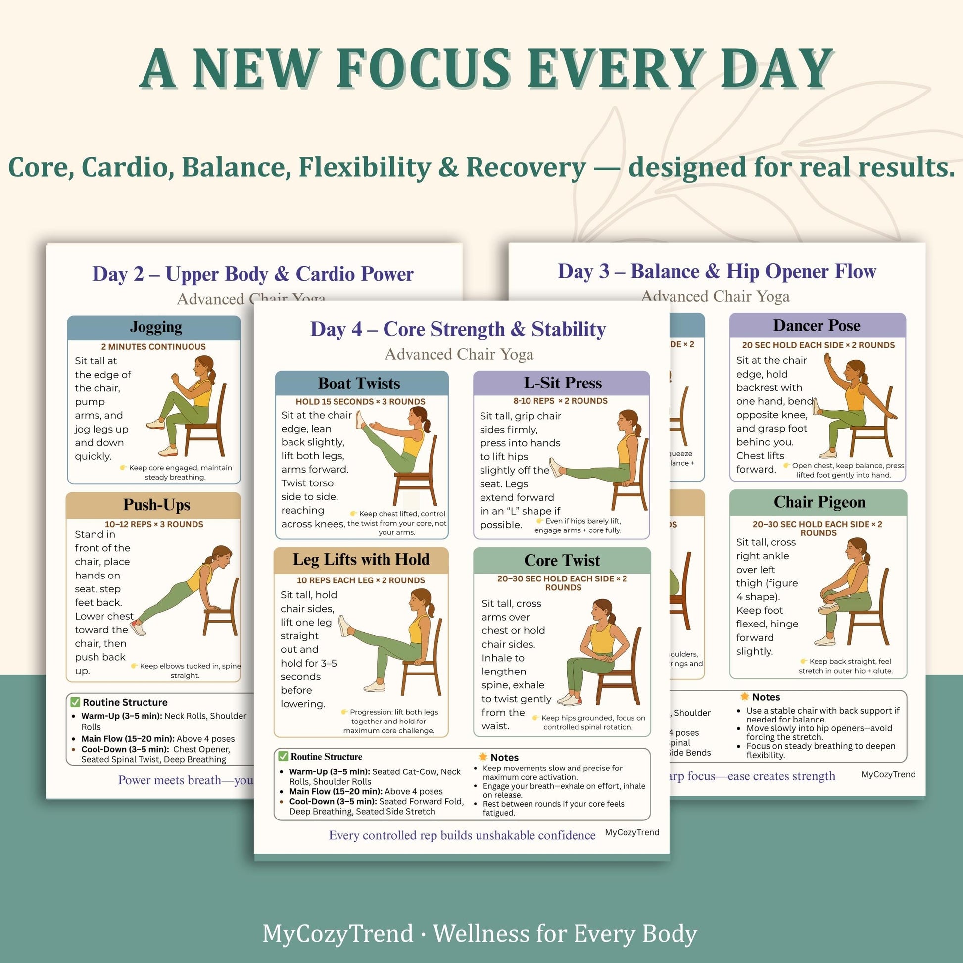 30-Day Advanced Chair Yoga Program + Wellness Trackers | printable advanced seated yoga routine for flexibility, balance and mobility PDF
