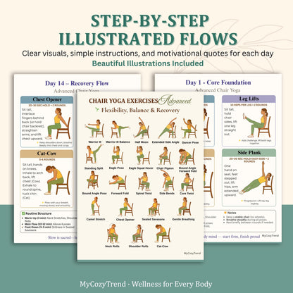 30-Day Advanced Chair Yoga Program + Wellness Trackers | printable advanced seated yoga routine for flexibility, balance and mobility PDF