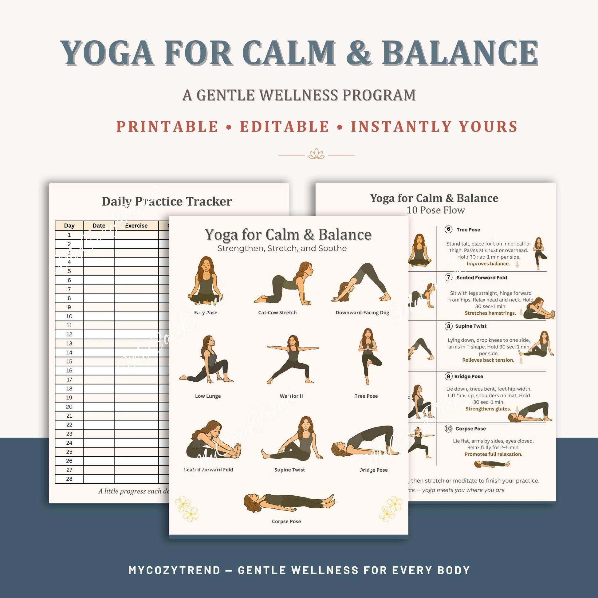 Beginner Yoga Flow PDF – 10 Gentle Poses for Home Practice | printable beginner yoga routine for seniors, gentle stretching PDF