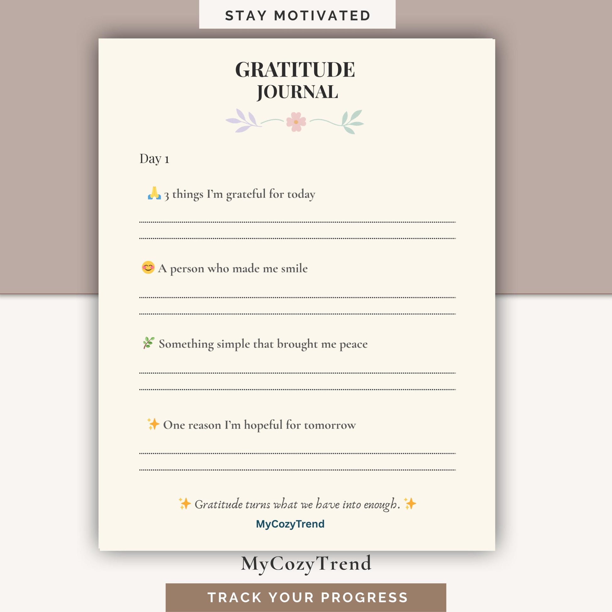 7-Day Gratitude Journal – Printable Daily Reflection Tracker | mindfulness and positivity journal PDF
