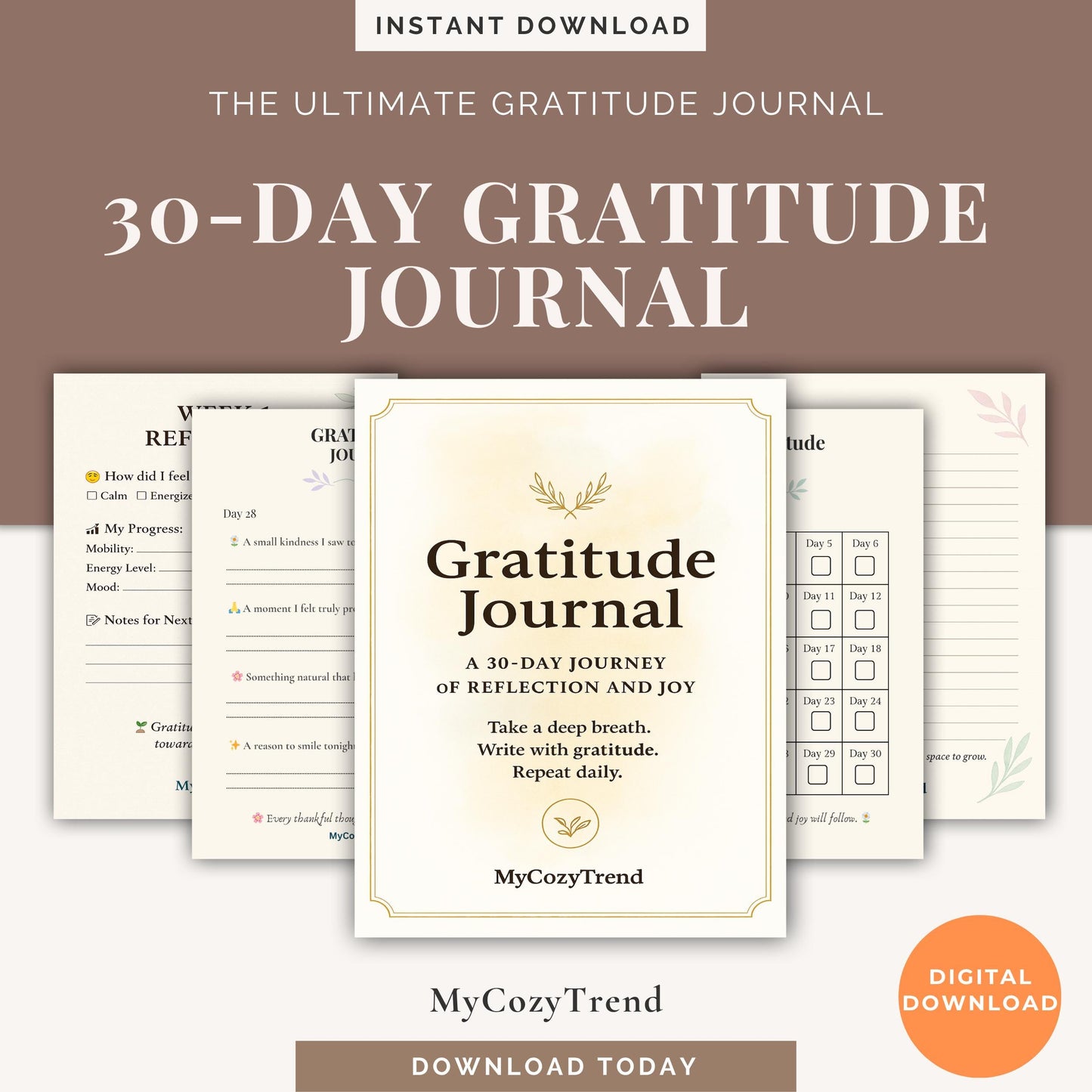 30-Day Gratitude Journal – Printable Mindfulness & Self-Care PDF | daily gratitude reflections and positivity tracker