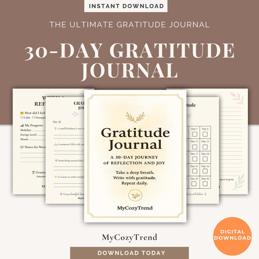 30-Day Gratitude Journal – Printable Mindfulness & Self-Care PDF | daily gratitude reflections and positivity tracker