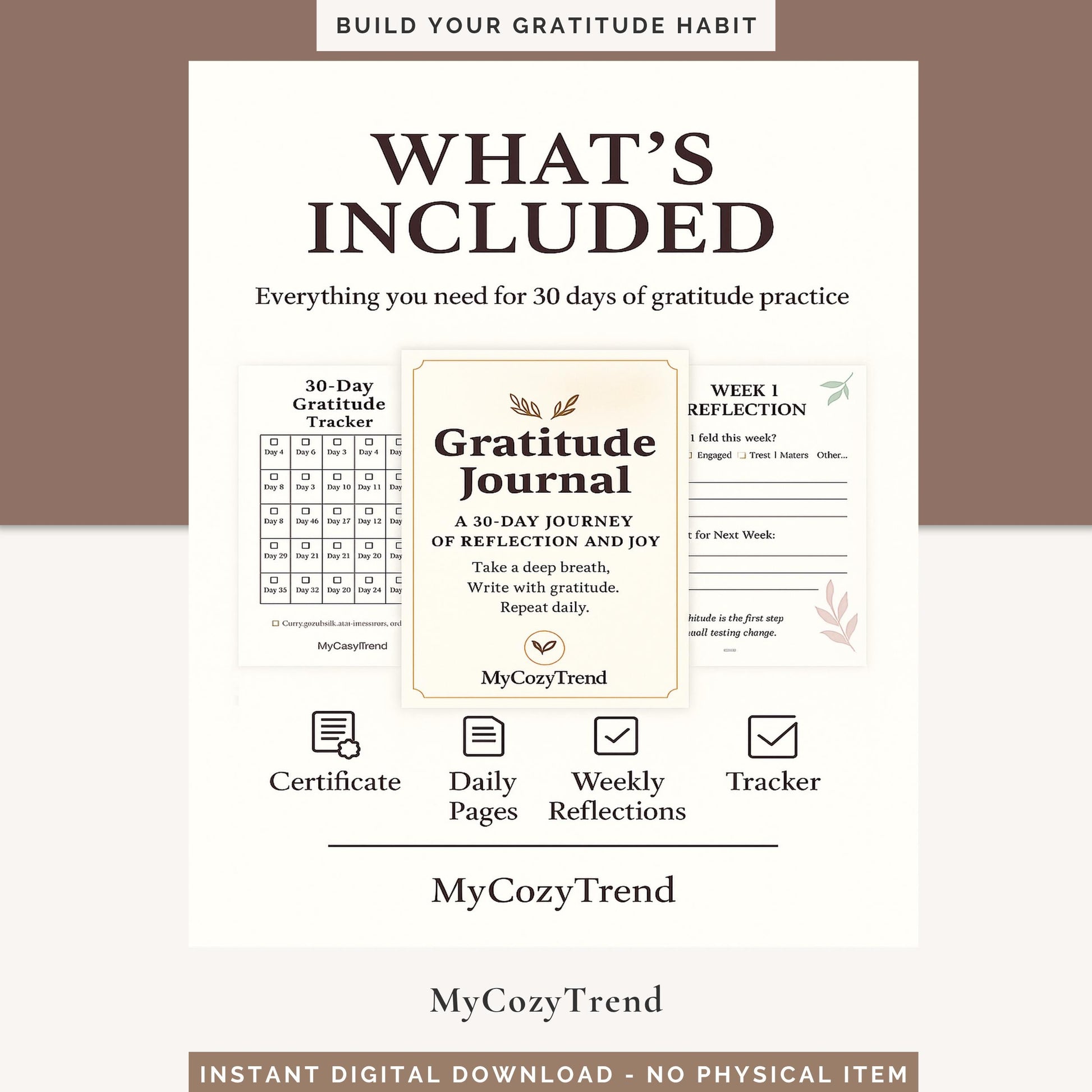 30-Day Gratitude Journal – Printable Mindfulness & Self-Care PDF | daily gratitude reflections and positivity tracker