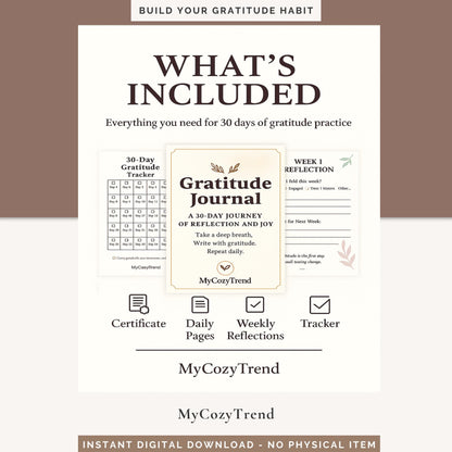 30-Day Gratitude Journal – Printable Mindfulness & Self-Care PDF | daily gratitude reflections and positivity tracker