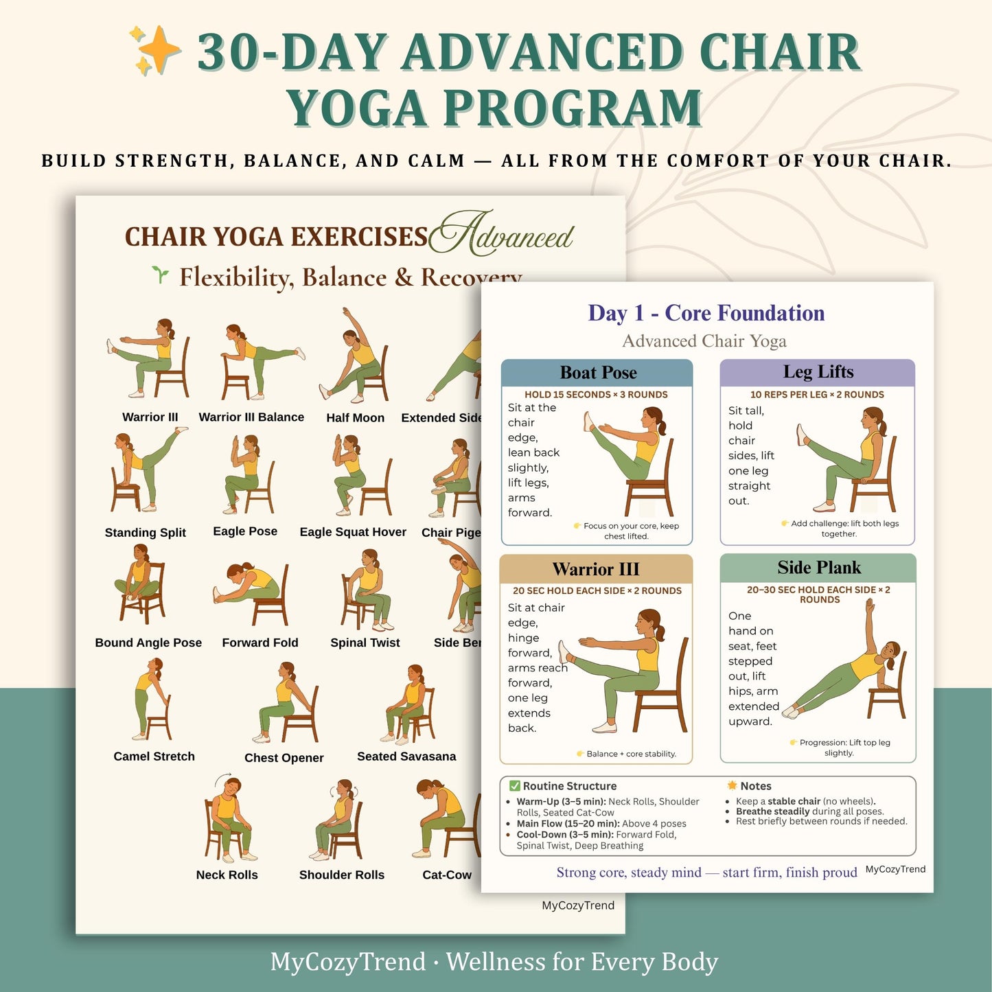 30-Day Advanced Chair Yoga Program + Wellness Trackers | printable advanced seated yoga routine for flexibility, balance and mobility PDF