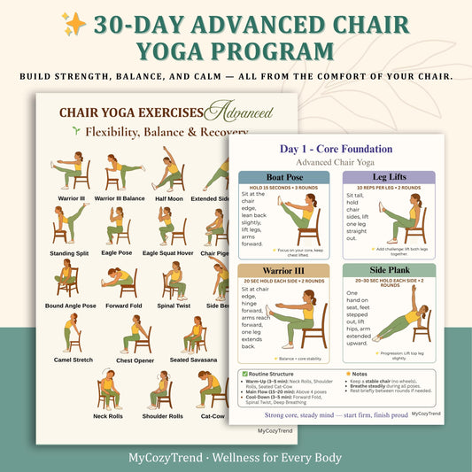 30-Day Advanced Chair Yoga Program + Wellness Trackers | printable advanced seated yoga routine for flexibility, balance and mobility PDF