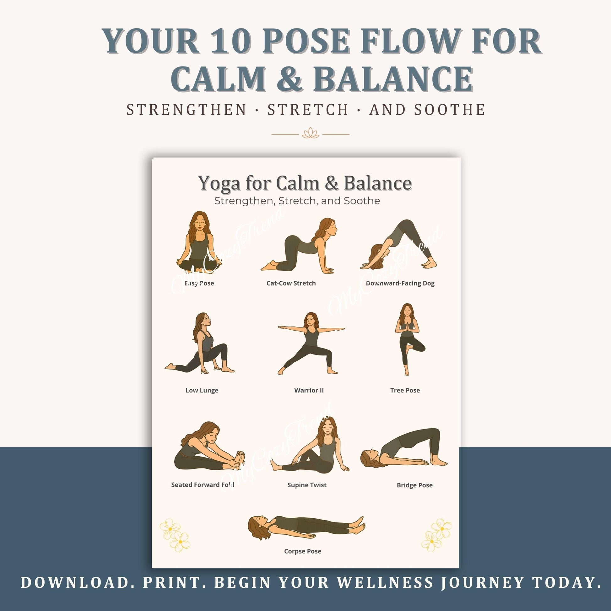 Beginner Yoga Flow PDF – 10 Gentle Poses for Home Practice | printable beginner yoga routine for seniors, gentle stretching PDF