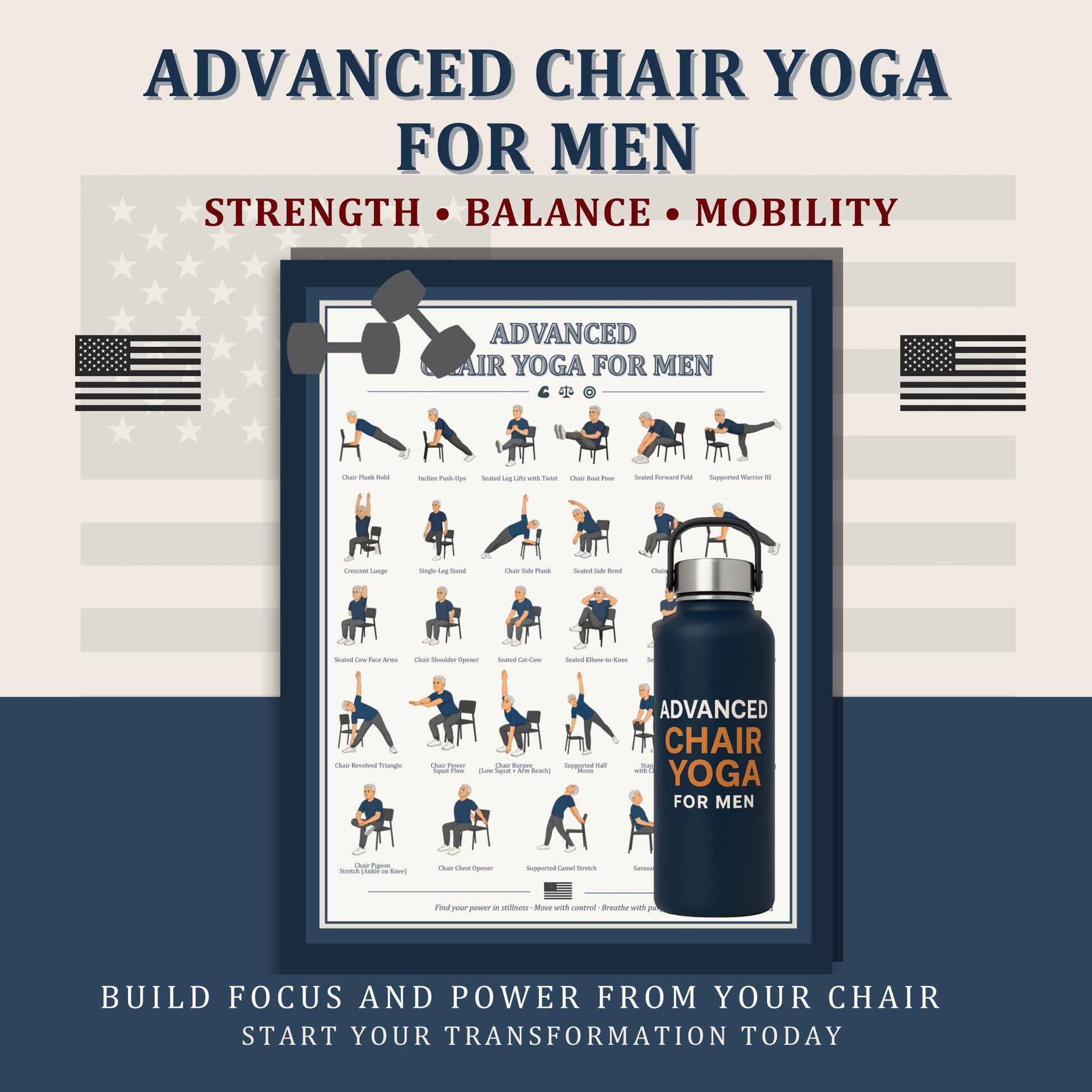 Advanced Chair Yoga for Men – Printable 30-Day Strength & Mobility Program | senior-friendly seated and standing yoga routine for men, flexibility and balance exercises PDF