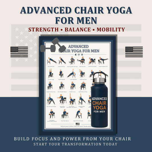 Advanced Chair Yoga for Men – Printable 30-Day Strength & Mobility Program | senior-friendly seated and standing yoga routine for men, flexibility and balance exercises PDF