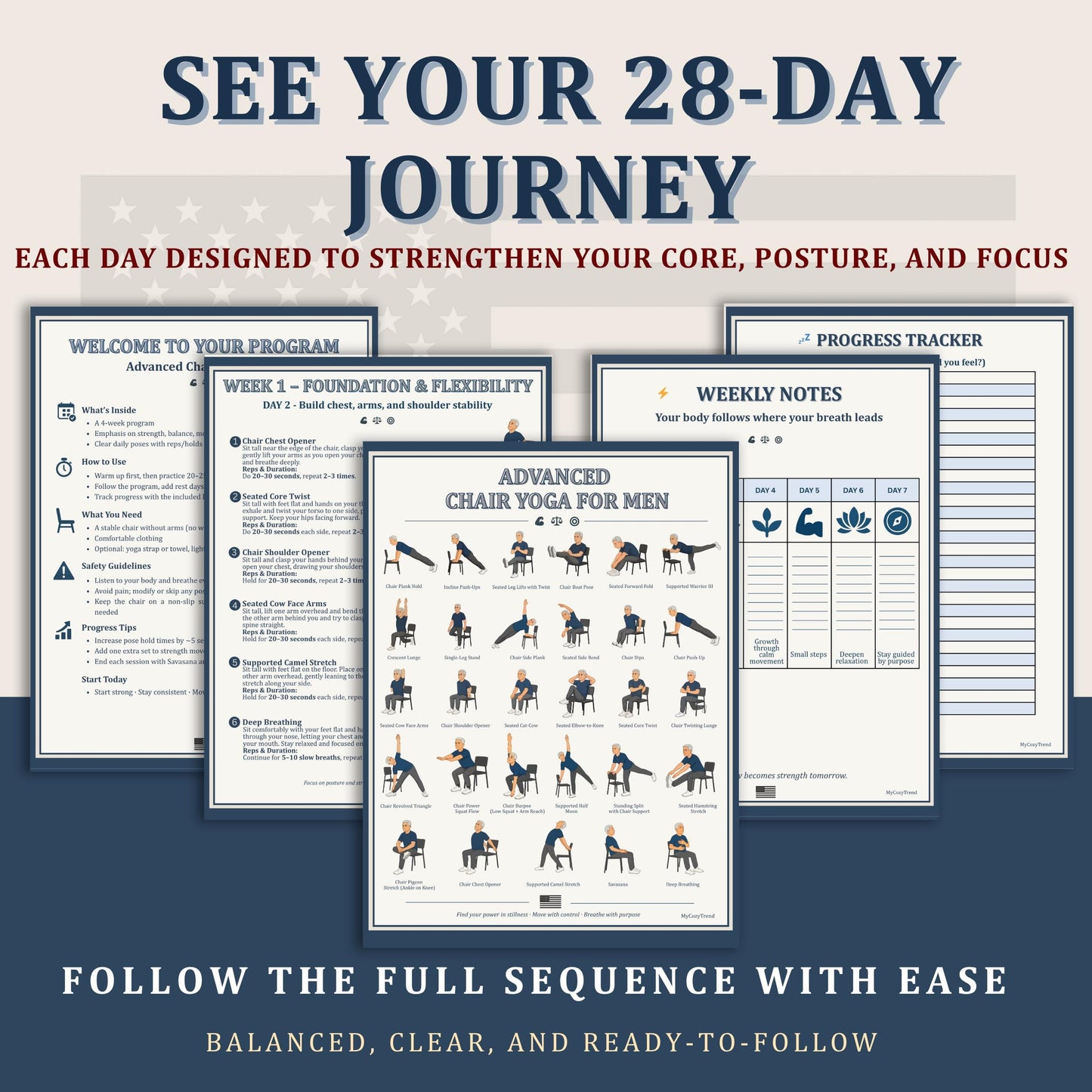 Advanced Chair Yoga for Men – Printable 30-Day Strength & Mobility Program | senior-friendly seated and standing yoga routine for men, flexibility and balance exercises PDF