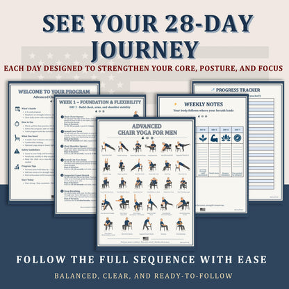 Advanced Chair Yoga for Men – Printable 30-Day Strength & Mobility Program | senior-friendly seated and standing yoga routine for men, flexibility and balance exercises PDF