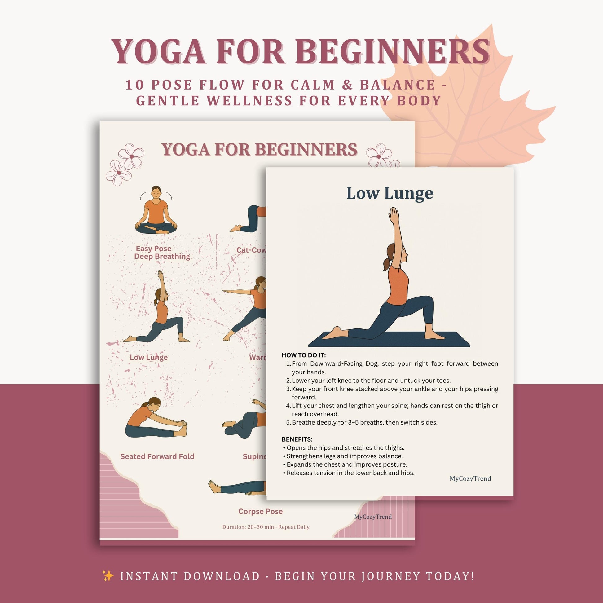 Beginner Wellness Flow – 10 Gentle Poses | printable beginner yoga routine for seniors and beginners, gentle movement PDF
