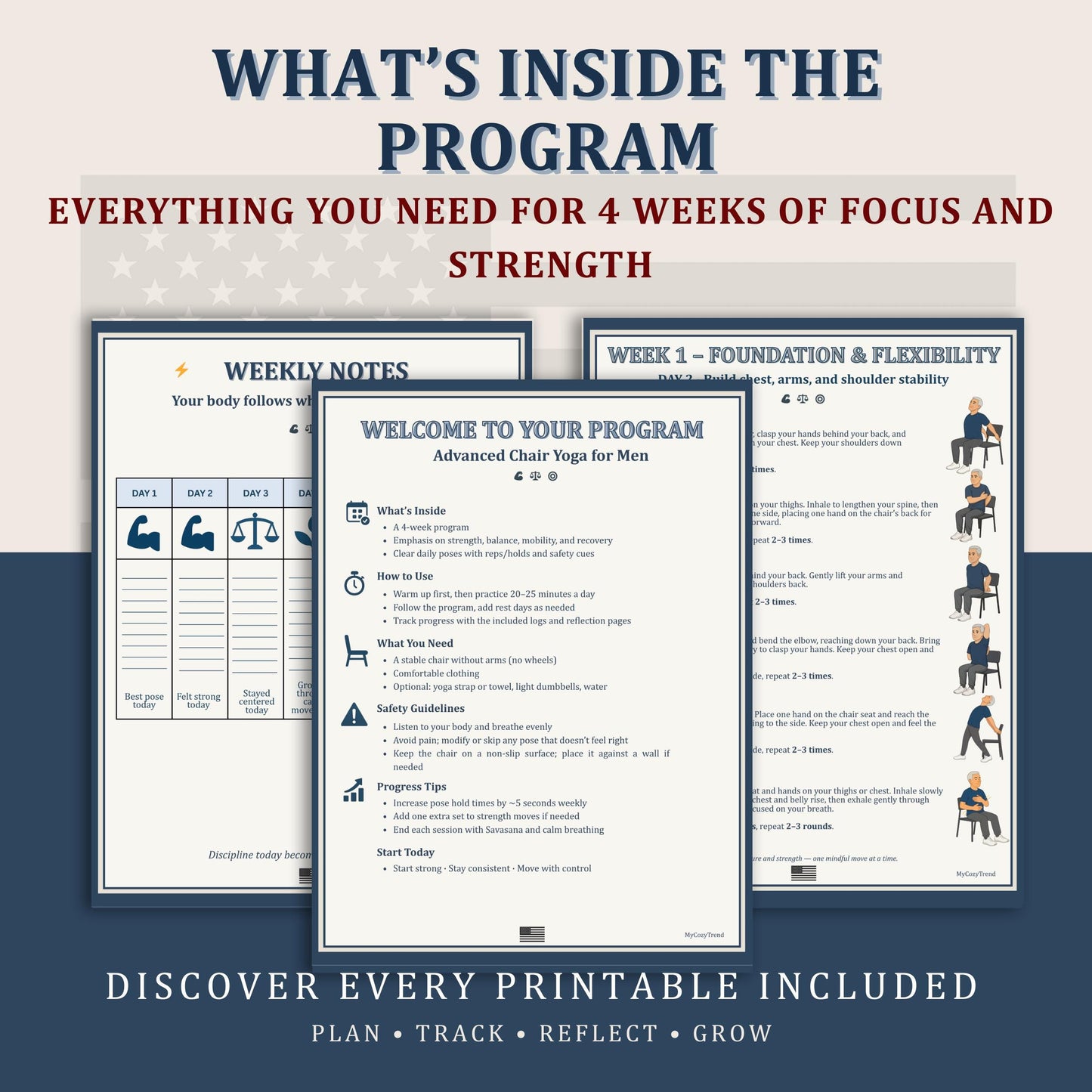 Advanced Chair Yoga for Men – Printable 30-Day Strength & Mobility Program | senior-friendly seated and standing yoga routine for men, flexibility and balance exercises PDF