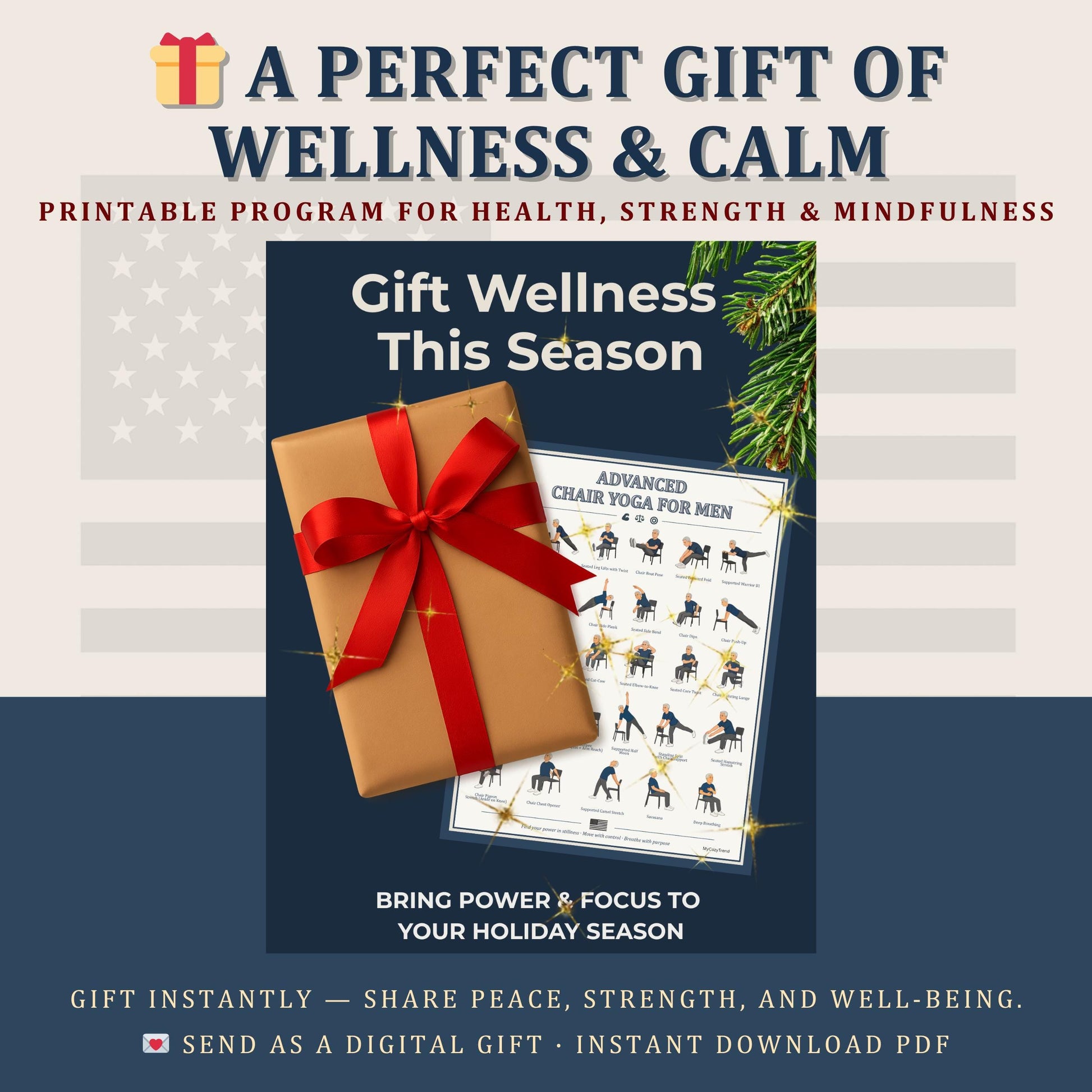 Advanced Chair Yoga for Men – Printable 30-Day Strength & Mobility Program | senior-friendly seated and standing yoga routine for men, flexibility and balance exercises PDF