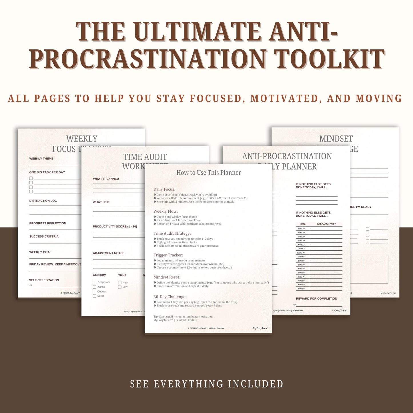 Anti-Procrastination Daily Planner – Weekly Goal Tracker Printable PDF | productivity planner, time audit worksheet, mindset reset printable